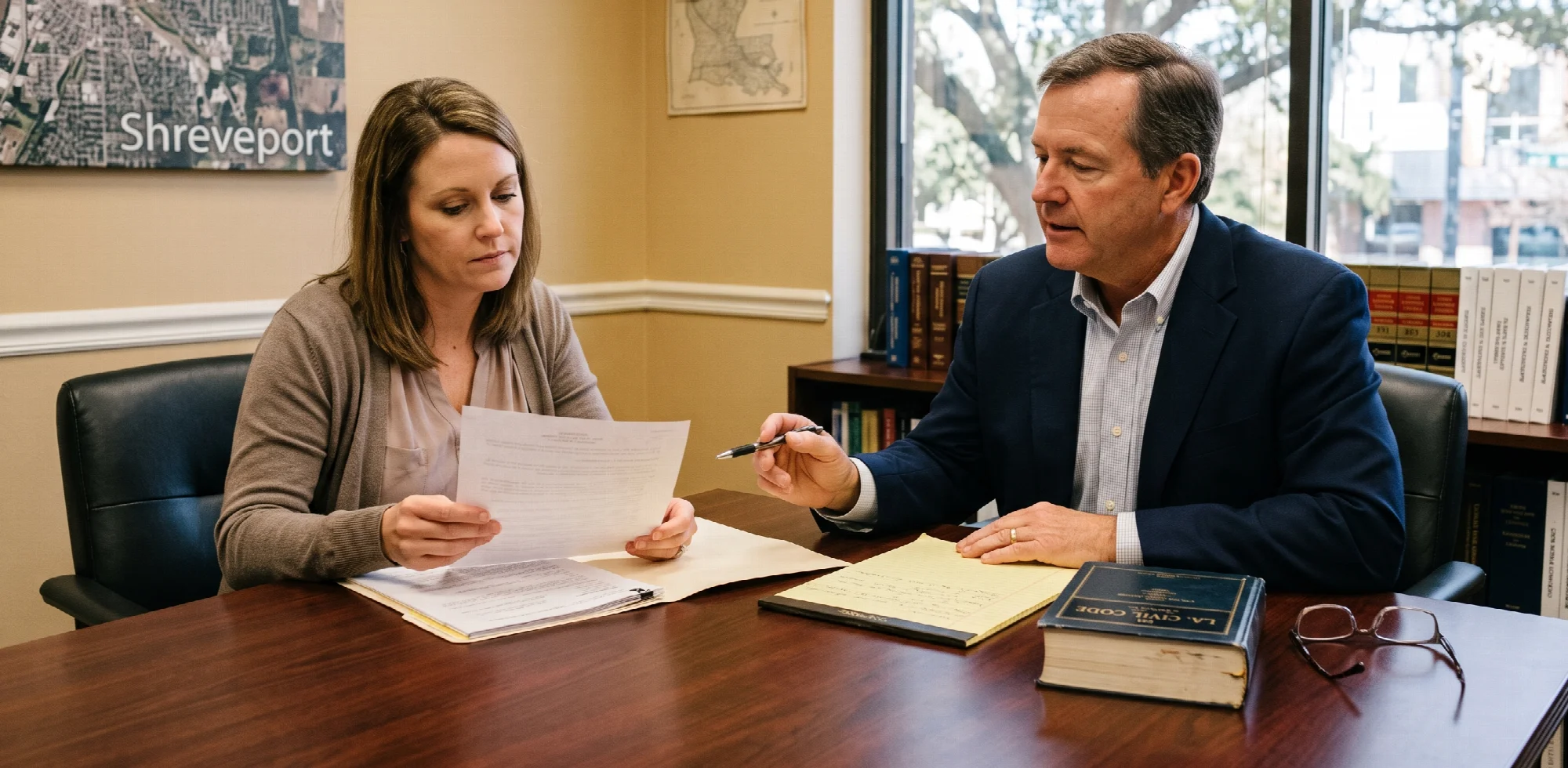 Attorney reviewing settlement paperwork with a client at a conference table