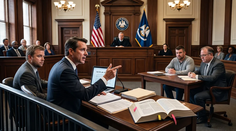 Attorney arguing before a judge in a Louisiana courtroom